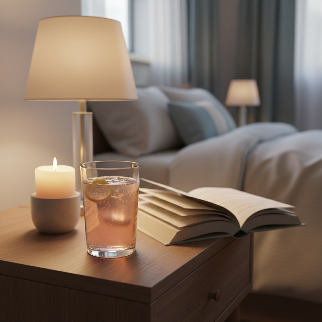 Glass of Dovive magnesium drink on a cozy nightstand