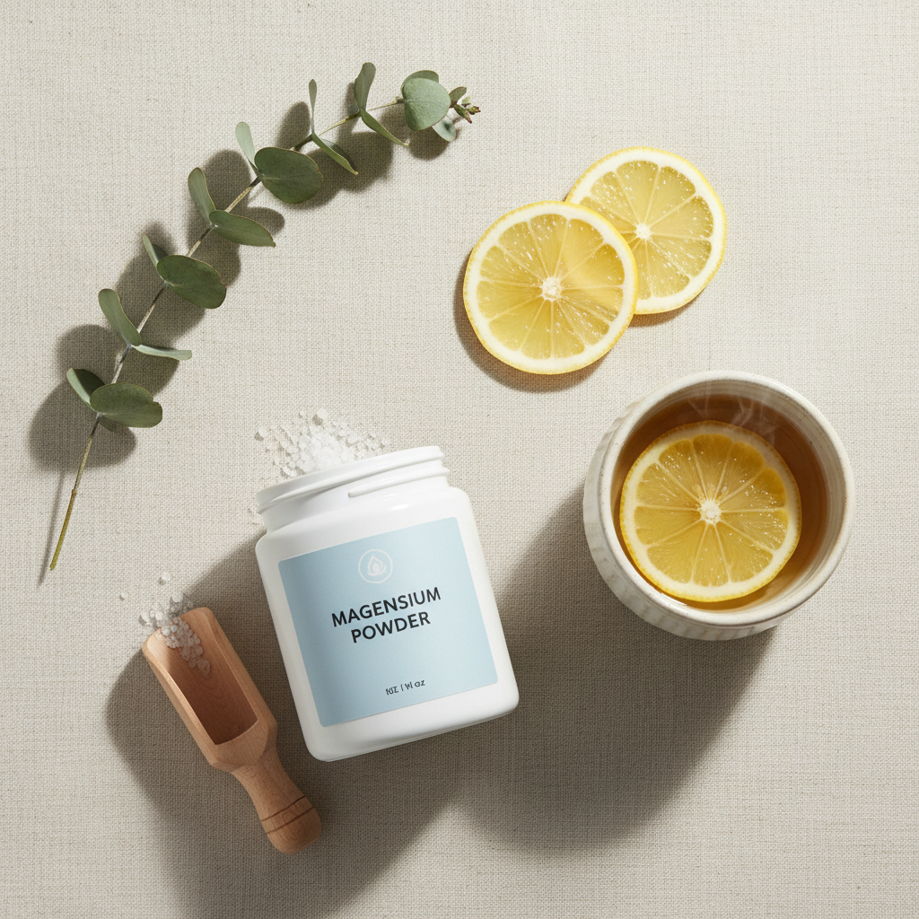 Flat lay of Dovive magnesium with eucalyptus